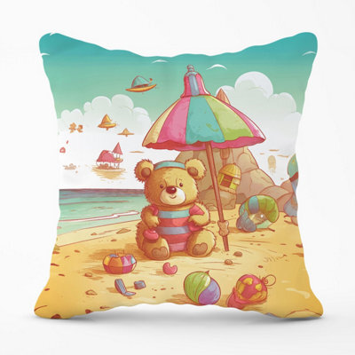 Warren Reed Designer Teddy Bead On A Beach Holiday Outdoor Cushion 45Cm X 45Cm - image 1