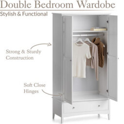Christow White Double Wardrobe With Drawer 2 Door Bedroom Storage Furniture Cupboard - thumbnail 2