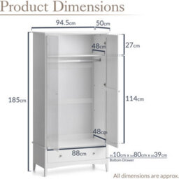 Christow White Double Wardrobe With Drawer 2 Door Bedroom Storage Furniture Cupboard - thumbnail 6