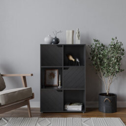Urbn-Living Urbnliving 91Cm Height Black Wooden 6 Cubes Bookcase With White Line Door Display Shelf Storage Shelving Cupboard - thumbnail 1