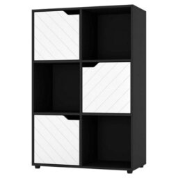 Urbn-Living Urbnliving 91Cm Height Black Wooden 6 Cubes Bookcase With White Line Door Display Shelf Storage Shelving Cupboard - thumbnail 2