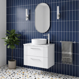 Balterley Belvide Partial Fluted 2 Drawer Wall Hung Vanity Unit With Carrera Marble Laminate Worktop - 600mm - Satin White - thumbnail 4