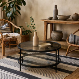 Wyld Haus Featheroak Grey Smoked Glass Round Coffee Table With Black Hairpin Legs - thumbnail 3