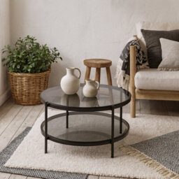 Wyld Haus Featheroak Grey Smoked Glass Round Coffee Table With Black Hairpin Legs - thumbnail 4