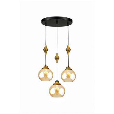 Luminosa Lighting Luminosa Astoria Cluster Pendant Ceiling Light Black, Gold Amber Glass Shade 3X E27 - image 1