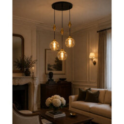 Luminosa Lighting Luminosa Astoria Cluster Pendant Ceiling Light Black, Gold Amber Glass Shade 3X E27 - thumbnail 2