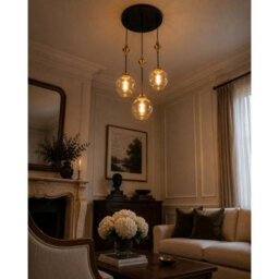 Luminosa Lighting Luminosa Astoria Cluster Pendant Ceiling Light Black, Gold Amber Glass Shade 3X E27 - thumbnail 3