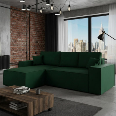 Malaga L Shaped Mdf Corner Sofa Bed With Storage Dl Pull Out Seat Loose Back Cushions 279X94X181 Green Left - image 1