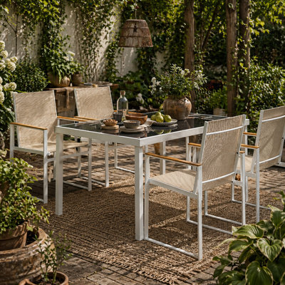 Wyld Haus Hare 5-Piece Outdoor Dining Set - Tempered Glass Table With 4 Mesh Armchairs, White/brown/teak/grey - image 1