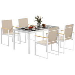 Wyld Haus Hare 5-Piece Outdoor Dining Set - Tempered Glass Table With 4 Mesh Armchairs, White/brown/teak/grey - thumbnail 2