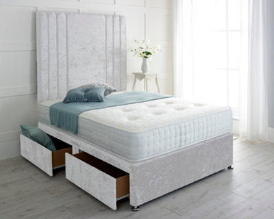 "Adore Designs Rio Crushed Velvet Divan Bed, With Pocket Mattress & 36"" Headboard - 4Ft Small Double - White - 2 Drawers Foot End"