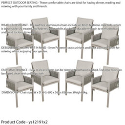 Loops 8 Pack Garden Dining Chairs & Armrests - Light Grey Aluminium & Rope - Outdoor - thumbnail 2
