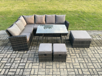 Fimous Outdoor Furniture Garden Dining Set Rattan Corner Sofa Set With Rectangular Dining Table 3 Footstools Dark Grey Mixed - image 1