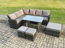Fimous Outdoor Furniture Garden Dining Set Rattan Corner Sofa Set With Rectangular Dining Table 3 Footstools Dark Grey Mixed - thumbnail 2