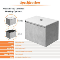 Plum&clay Rigel Concrete Wall Hung Bathroom Vanity Unit With White Worktop (W)500mm (H)450mm - thumbnail 5