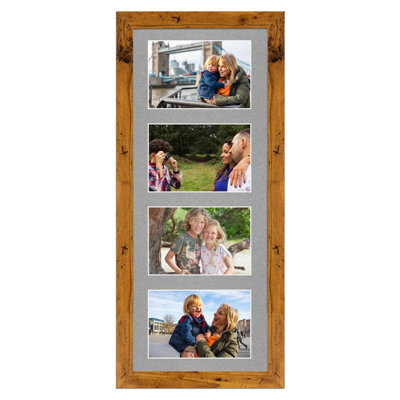 AK Frames 50X20Cm Rustic Oak Modern Multi Photo Frame With Silver Mount - Holds 4 Apertures (4X) 6X4 Photos - image 1