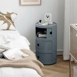 Grey  - 3Tiers Cylindrical Round Storage Cabinet Cupboard Shelf Side End Table Shelf - thumbnail 2