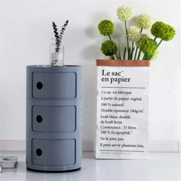 Grey  - 3Tiers Cylindrical Round Storage Cabinet Cupboard Shelf Side End Table Shelf - thumbnail 1