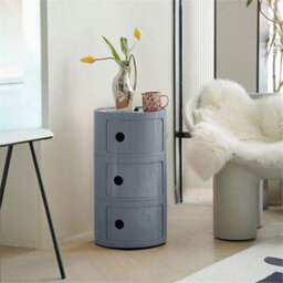 Grey  - 3Tiers Cylindrical Round Storage Cabinet Cupboard Shelf Side End Table Shelf - thumbnail 4