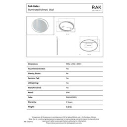 RAK Ceramics Rak Hades Oval Illuminated Led Bathroom Mirror With Demister & Touch Sensor, 900X600mm - thumbnail 2