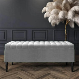 90Cm Paris Striped Ottoman Storage Bench- Plush Velvet Shoe Bench - Silver Upholstery Footstool With Storage