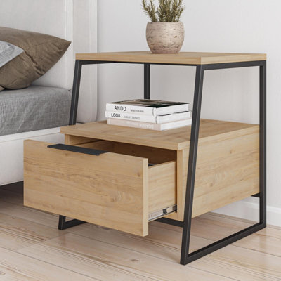 Fwstyle Light Oak 1 Drawer Modern Bedside Table Nightstand Black Metal Frame - image 1