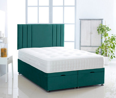 Comfy Deluxe Green Plush Foot Lift Ottoman Bed With Memory Spring Mattress And  Vertical  Headboard 4.0Ft Small Double - image 1