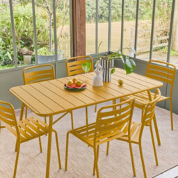 Sweeek - 6-Seater Folding Metal Garden Table With 6 Chairs Yellow Ochre 141.2X80X72.5 Cm - Amelia - thumbnail 1