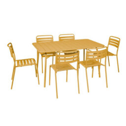 Sweeek - 6-Seater Folding Metal Garden Table With 6 Chairs Yellow Ochre 141.2X80X72.5 Cm - Amelia - thumbnail 2