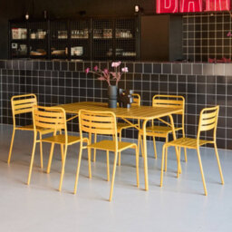 Sweeek - 6-Seater Folding Metal Garden Table With 6 Chairs Yellow Ochre 141.2X80X72.5 Cm - Amelia - thumbnail 5