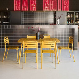 Sweeek - 6-Seater Folding Metal Garden Table With 6 Chairs Yellow Ochre 141.2X80X72.5 Cm - Amelia - thumbnail 4