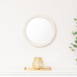 Melody Maison Round Distressed White Washed Wooden Bobbin Detailed Wall Mirror - 50Cm X 50Cm