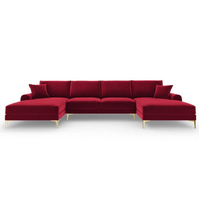 Monroe Plush U-Shaped Corner Sofa Red With Gold Legs - image 1