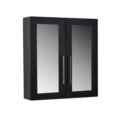 Homestylestore 600 X 650mm Black Grey Wall Mounted Mirrored Door Bathroom Cabinet And Aged Bronze T Bar Handles - image 1