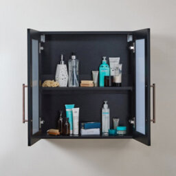 Homestylestore 600 X 650mm Black Grey Wall Mounted Mirrored Door Bathroom Cabinet And Aged Bronze T Bar Handles - thumbnail 2