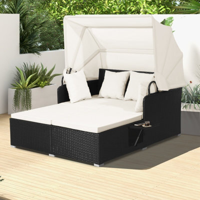 Costway Outdoor Pe Wicker Daybed Patio Loveseat Garden Sun Lounger W/ Retractable Canopy - image 1