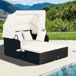 Costway Outdoor Pe Wicker Daybed Patio Loveseat Garden Sun Lounger W/ Retractable Canopy - thumbnail 9