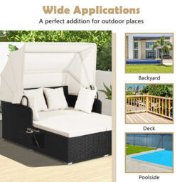 Costway Outdoor Pe Wicker Daybed Patio Loveseat Garden Sun Lounger W/ Retractable Canopy - thumbnail 8