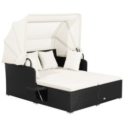 Costway Outdoor Pe Wicker Daybed Patio Loveseat Garden Sun Lounger W/ Retractable Canopy - thumbnail 2