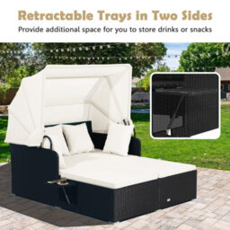 Costway Outdoor Pe Wicker Daybed Patio Loveseat Garden Sun Lounger W/ Retractable Canopy - thumbnail 6