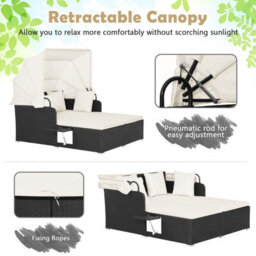 Costway Outdoor Pe Wicker Daybed Patio Loveseat Garden Sun Lounger W/ Retractable Canopy - thumbnail 4