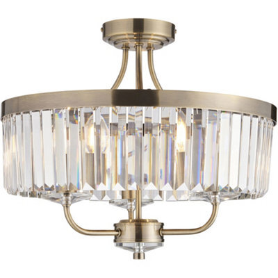 Loops Antique Brass Semi Flush Low Ceiling Light - Clear Cut Glass Shade - 3X 6W Led E14 - image 1