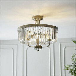 Loops Antique Brass Semi Flush Low Ceiling Light - Clear Cut Glass Shade - 3X 6W Led E14 - thumbnail 4