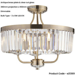 Loops Antique Brass Semi Flush Low Ceiling Light - Clear Cut Glass Shade - 3X 6W Led E14 - thumbnail 2