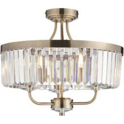 Loops Antique Brass Semi Flush Low Ceiling Light - Clear Cut Glass Shade - 3X 6W Led E14