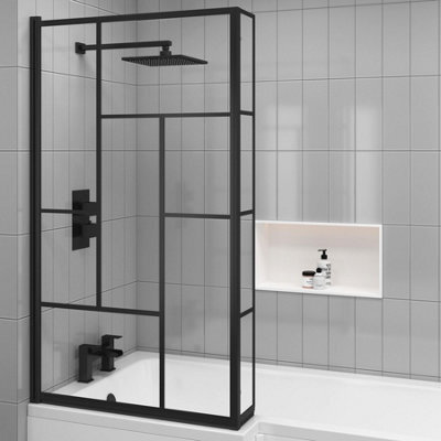 Royal Bathrooms 1430mm Matt Black Abstract Grid Framed L-Shaped Fixed Bath Screen With Panel 6mm Toughened Safety Glass - image 1