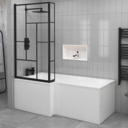 Royal Bathrooms 1430mm Matt Black Abstract Grid Framed L-Shaped Fixed Bath Screen With Panel 6mm Toughened Safety Glass - thumbnail 3