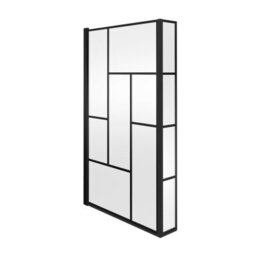 Royal Bathrooms 1430mm Matt Black Abstract Grid Framed L-Shaped Fixed Bath Screen With Panel 6mm Toughened Safety Glass - thumbnail 4
