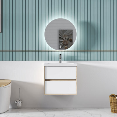 Sline 600mm Wall Mounted Bathroom Vanity Unit With Artificial Stone Basin,2 Soft Close Drawers For Storage,white,oak,flat Packed - image 1