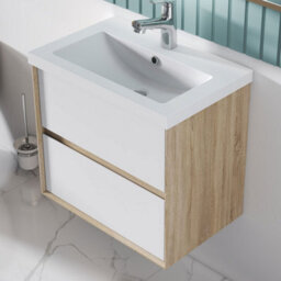 Sline 600mm Wall Mounted Bathroom Vanity Unit With Artificial Stone Basin,2 Soft Close Drawers For Storage,white,oak,flat Packed - thumbnail 5